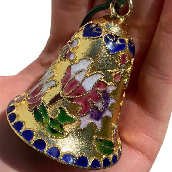 Cloisonne Gold Enamel Floral Tulip Heart Bell Butterfly Flower Green Interior - Picture 13 of 14